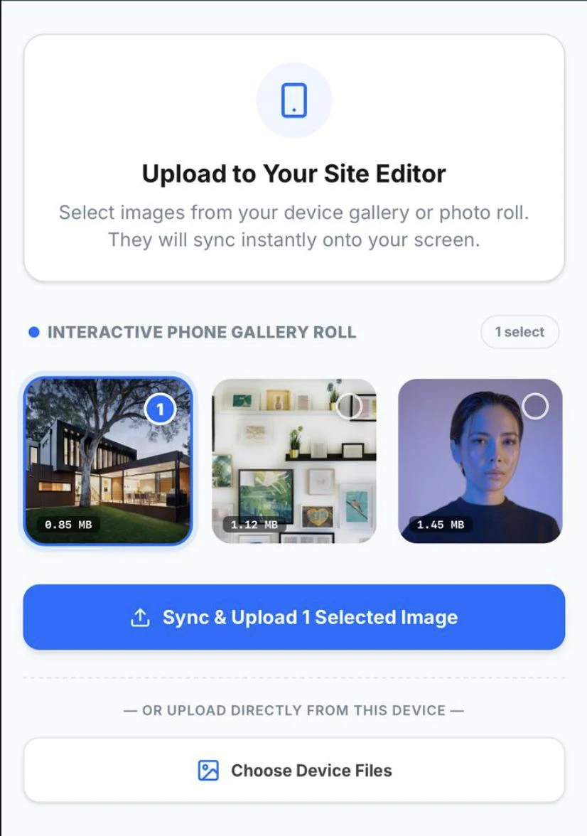 MobileSync mobile prototype showing selected photos