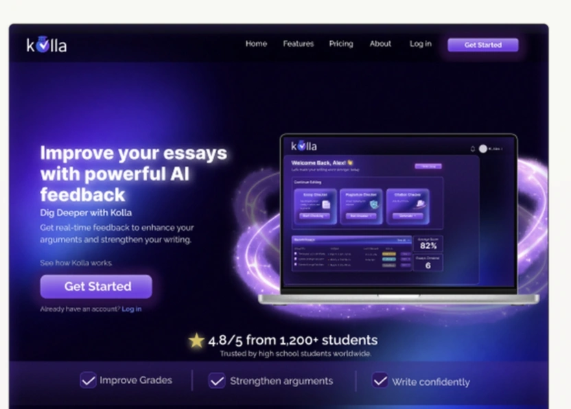 Kolla landing page design in dark mode with purple glow and AI feedback messaging