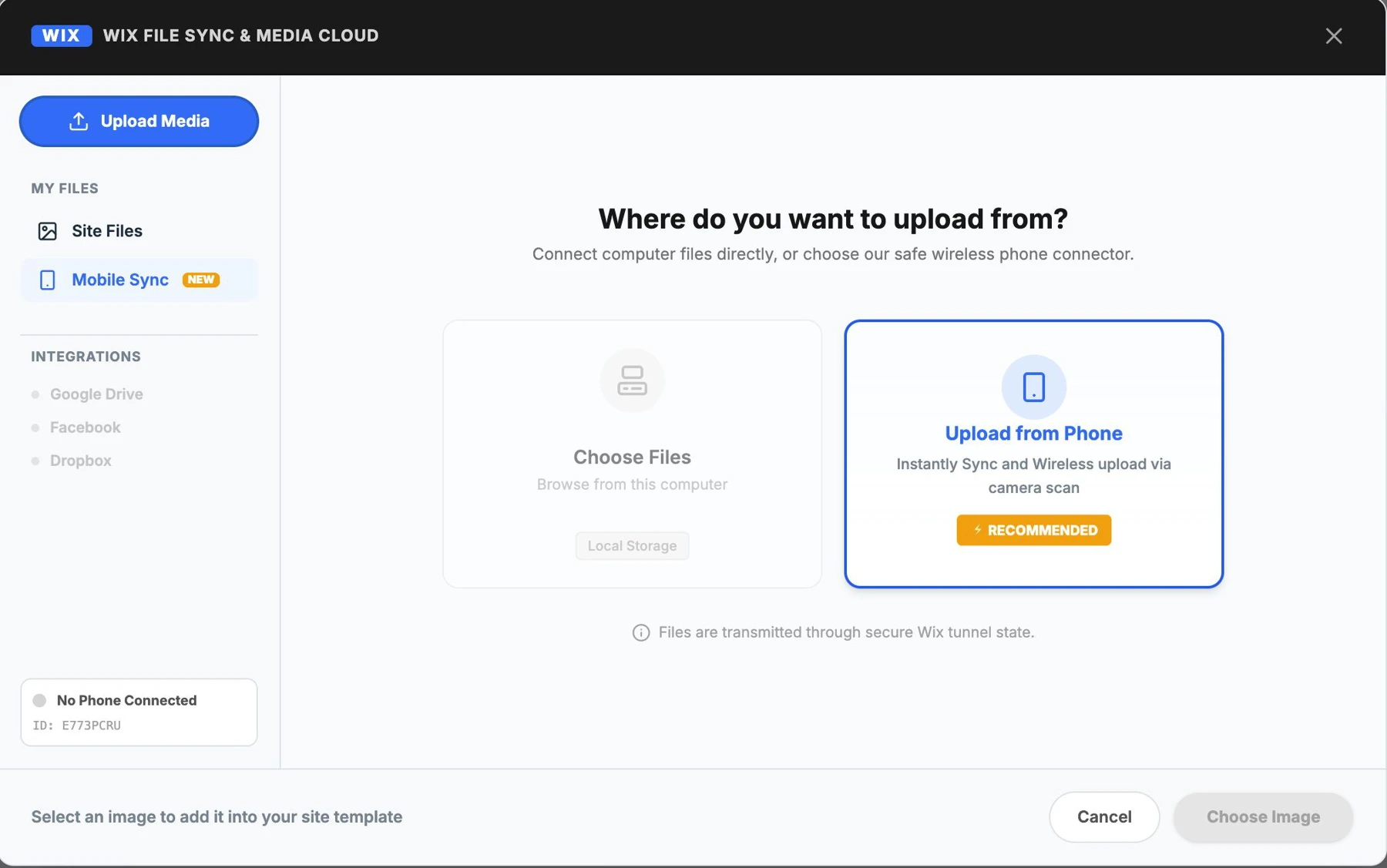 MobileSync desktop prototype showing upload options